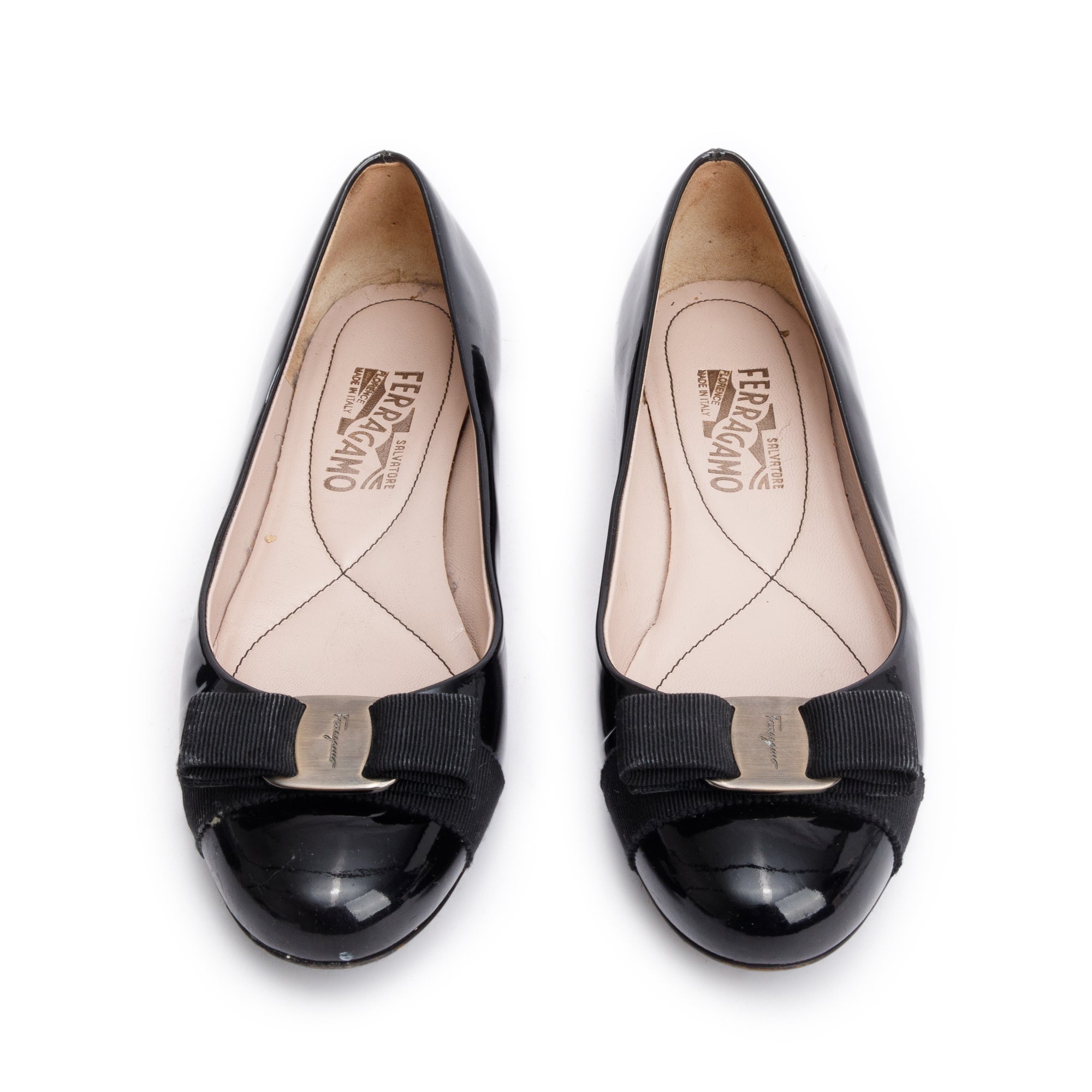 Salvatore Ferragamo Black Patent Leather Vara Bow Ballet Flats