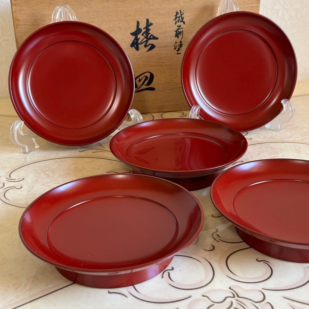 越前塗 椿皿 高台銘々皿 漆器 5枚セット 古代朱 うるし塗 高台皿