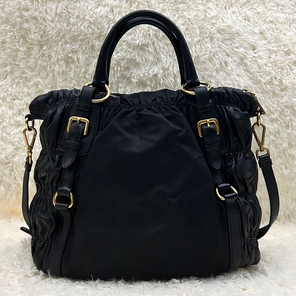 美品］PRADA プラダ 2wayバッグ ナッパレザー ナイロン ハンドバッグ