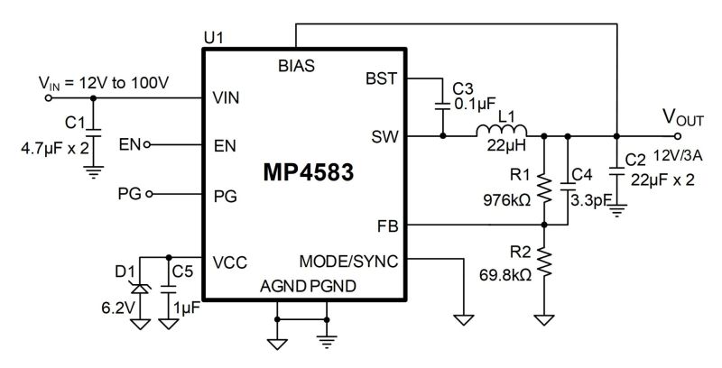 MP4583 100V、3A、8μA自己消費電流、同期整流ステップダウンDC/DC
