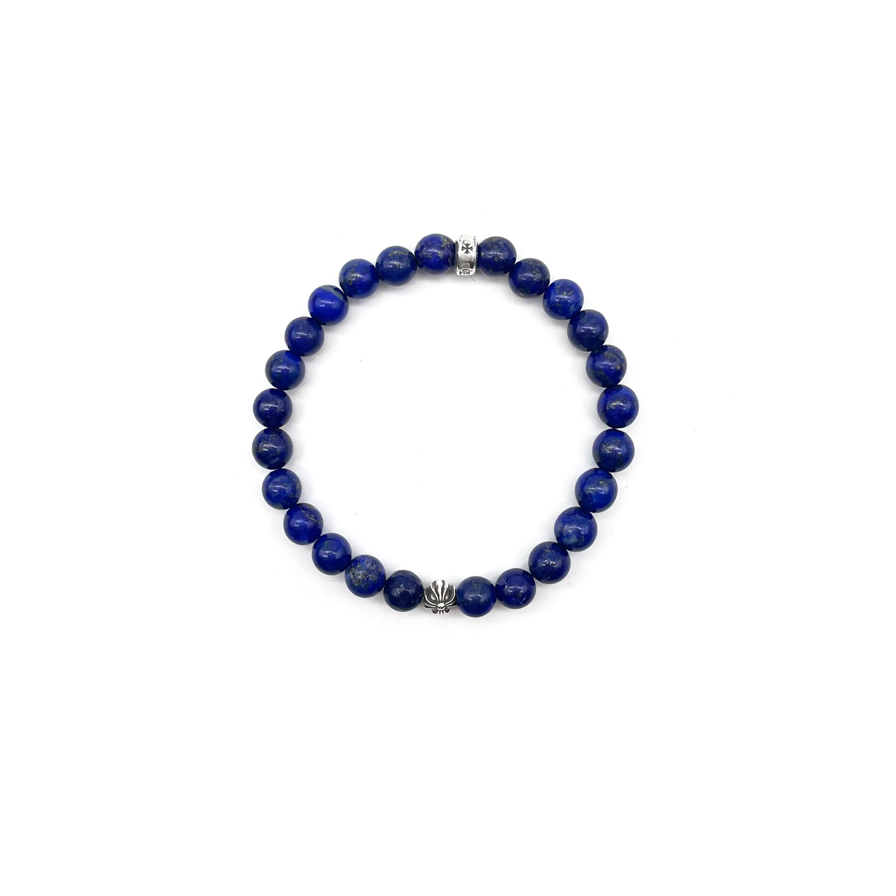 Chrome Hearts 6mm Lapis Lazuli Silver Cross Bracelet - SRM