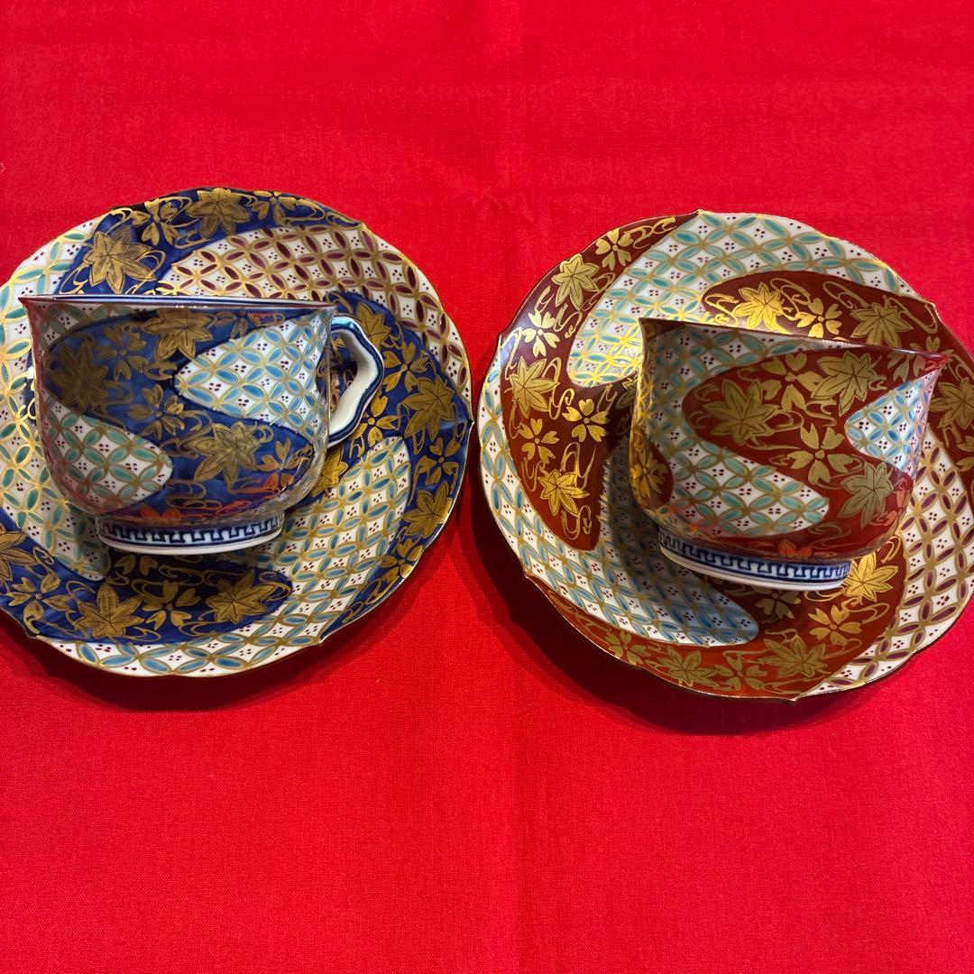 [希少品￼]清水焼 伊藤春晃 春晃窯　金彩桜紅葉三色金七宝紋カップ&ソーサー2客 希少品￼]清水焼 伊藤春晃 春晃窯 金彩桜紅葉三色金七宝紋カップ