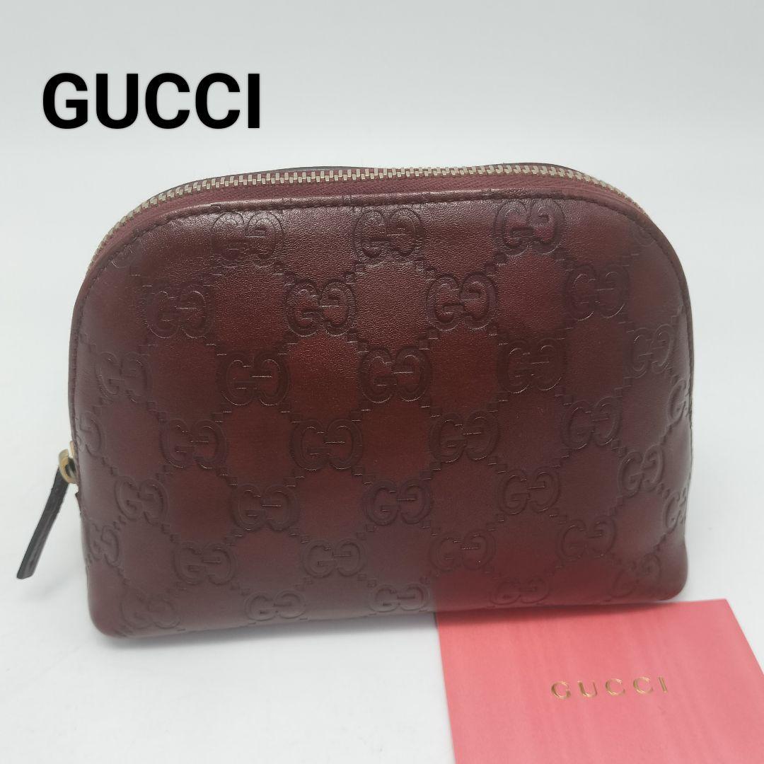 極美品✨グッチ　化粧ポーチ　コスメポーチ　赤茶　レザー GUCCI グッチ GGキャンバス ブラウン×レッド 化粧ポーチ コスメ入れ