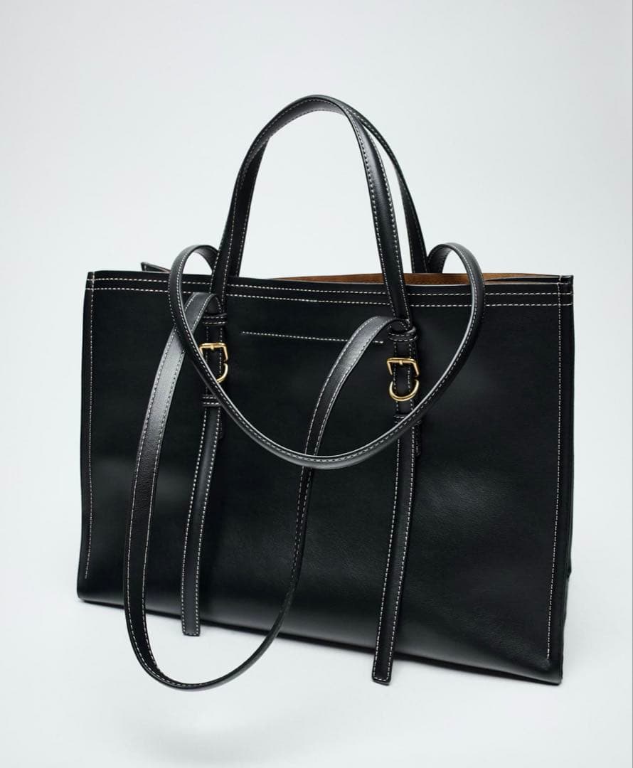ZARA 黒 レザー トートバッグ 中型 ビジネス - メルカリ