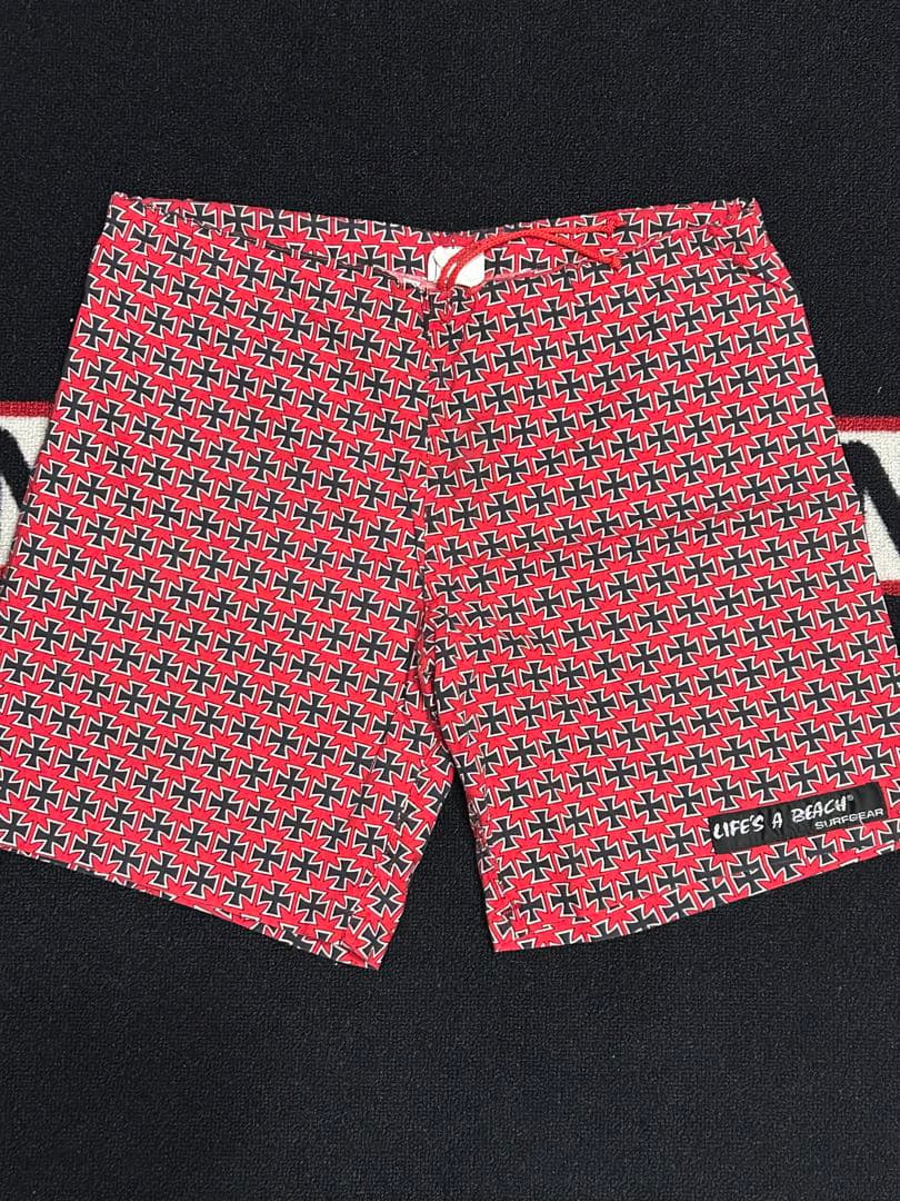 80’s当時物LIFE’S A BEACH アイアンクロス柄ショーツ Lサイズ