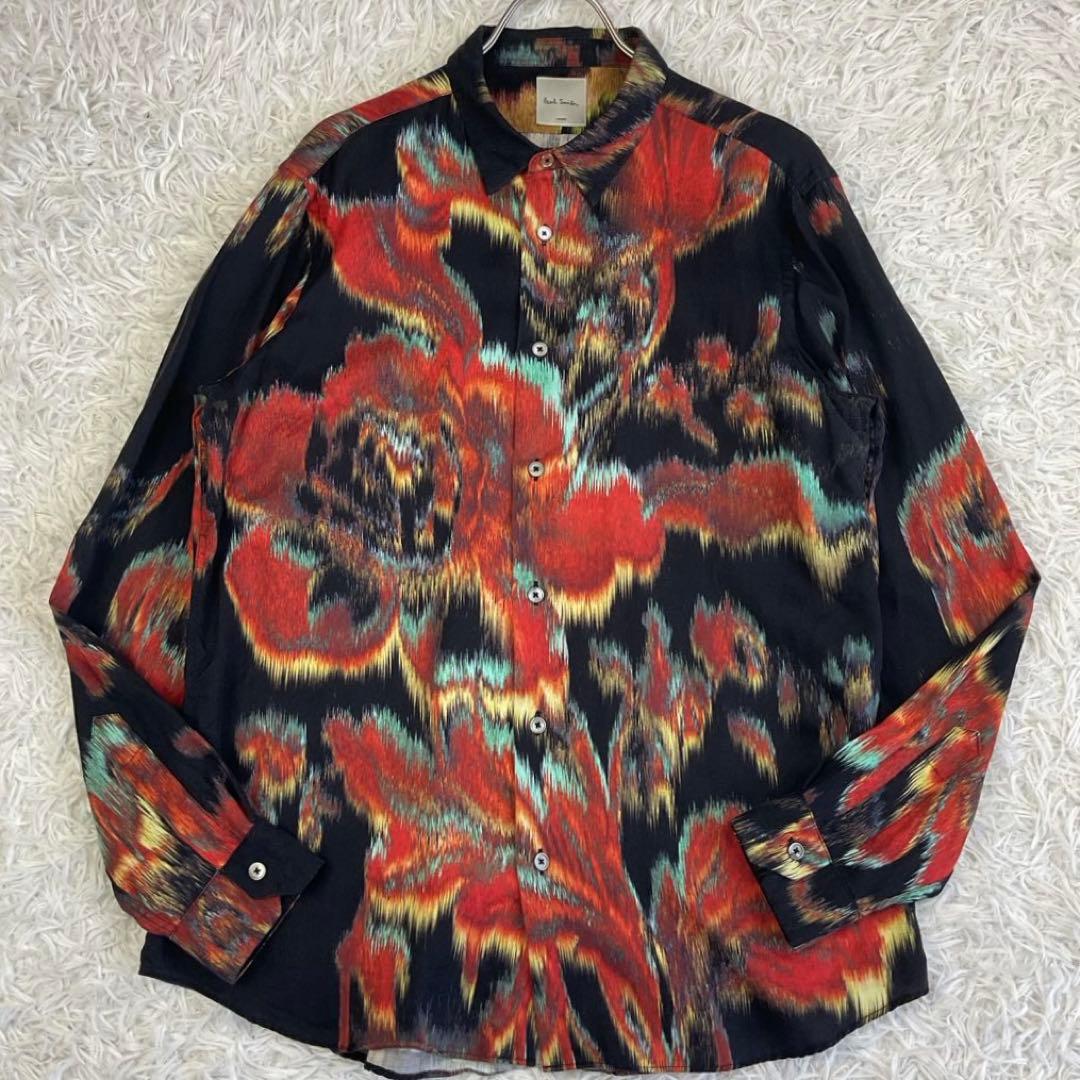 h*a様 大きいサイズ✨L✨ポールスミス　フラワー柄　総柄シャツ　現行タグ　長袖 美品】ポールスミス 長袖シャツ Lサイズ 刺繍 花柄 ブラック系 - メルカリ
