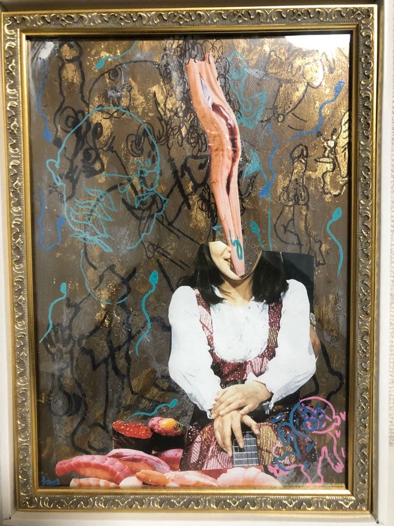 根本敬　直筆　ドローイング　コラージュ　作品　額付き
