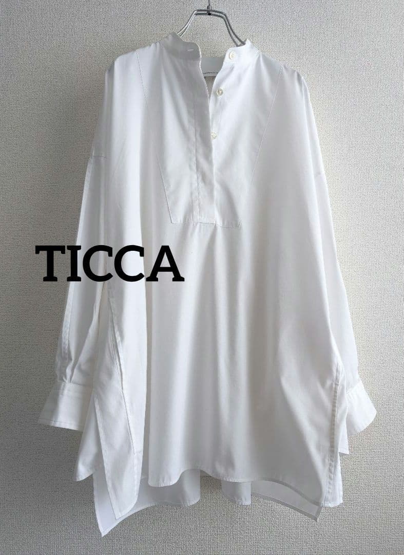 【良品】TICCA スタンドカラー　スキッパープルオーバー　ブラウス白 TICCA（ティッカ） スタンドスクエアシャツuni ユニセックス tbda-103
