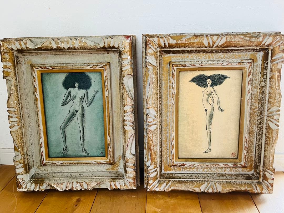 絵画　　裸体画　2枚セット　保　アンティーク　木彫り　現代美術