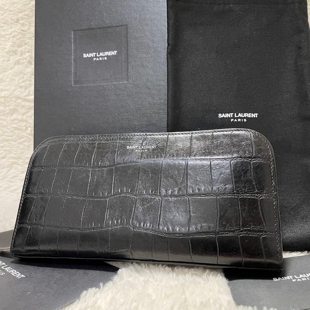 箱付美品 付属品完備 サンローランパリ クロコ型押し ラウンドファスナー 長財布